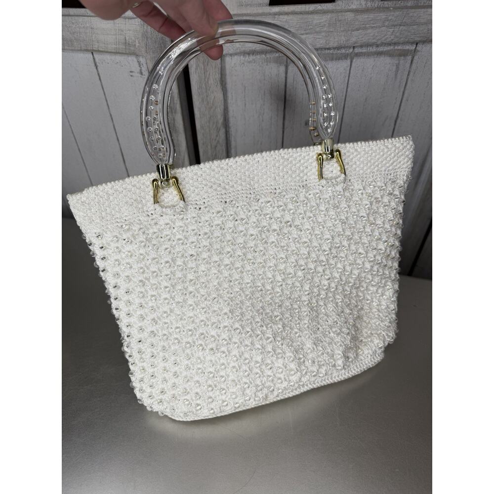 Vintage White Crochet Beaded Clear Lucite Rhinestone Handles Full Beaded